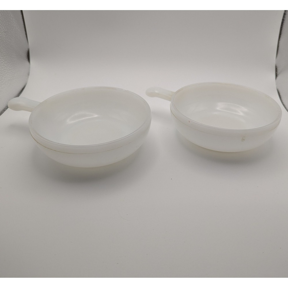 2 Vintage White Milk Glass Scoop Soup Bowls with Handles Stackable Glasbake
